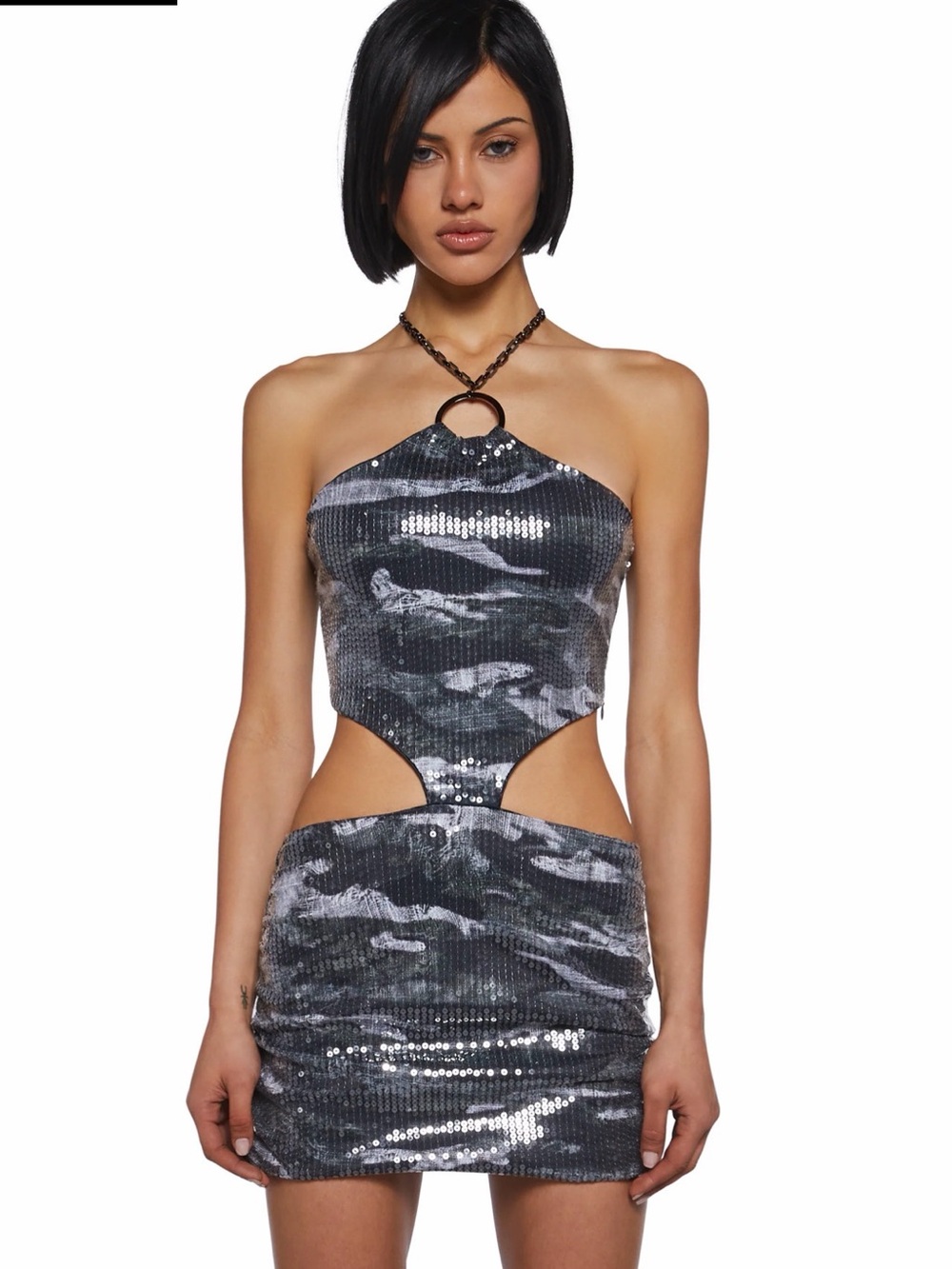 Silver Sequin Cutout Camo Dress